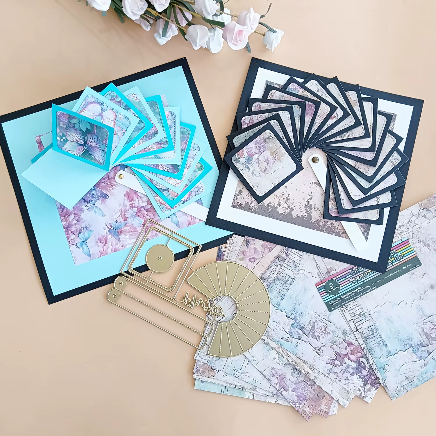 Carte cascade circulaire en métal, matrices dorées découpées pour emballage cadeau, artisanat en papier, fabrication de cartes de vœux, bricolage