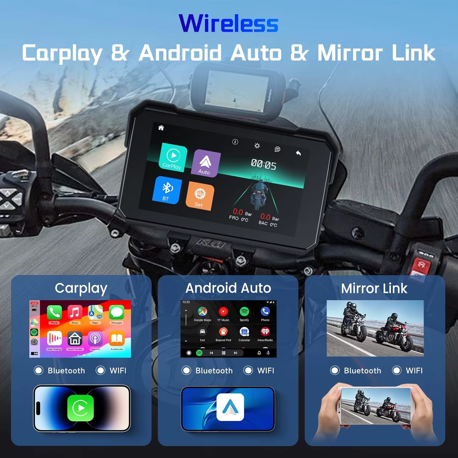 Navigation GPS portable pour moto, 5 pouces, Bluetooth sans fil, Carplay, Android Auto, moniteur de tableau de bord pour moto, écran étanche IPX7