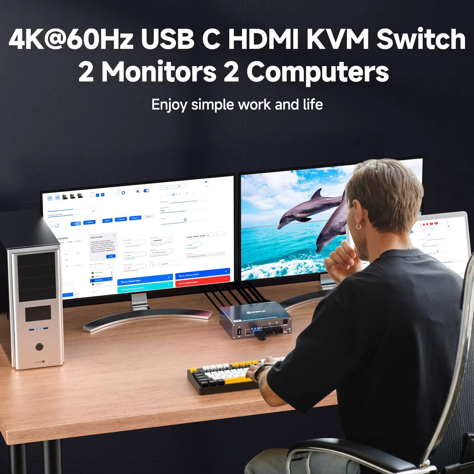 Commutateur KVM double moniteur pour ordinateur portable et bureau 4K @ 60Hz