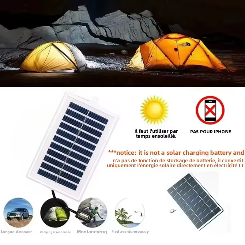 Chargeur solaire portable avec sortie USB - Charge d'énergie solaire pour camping en plein air, voyage, urgence, lampe de poche et outils de ventilateur