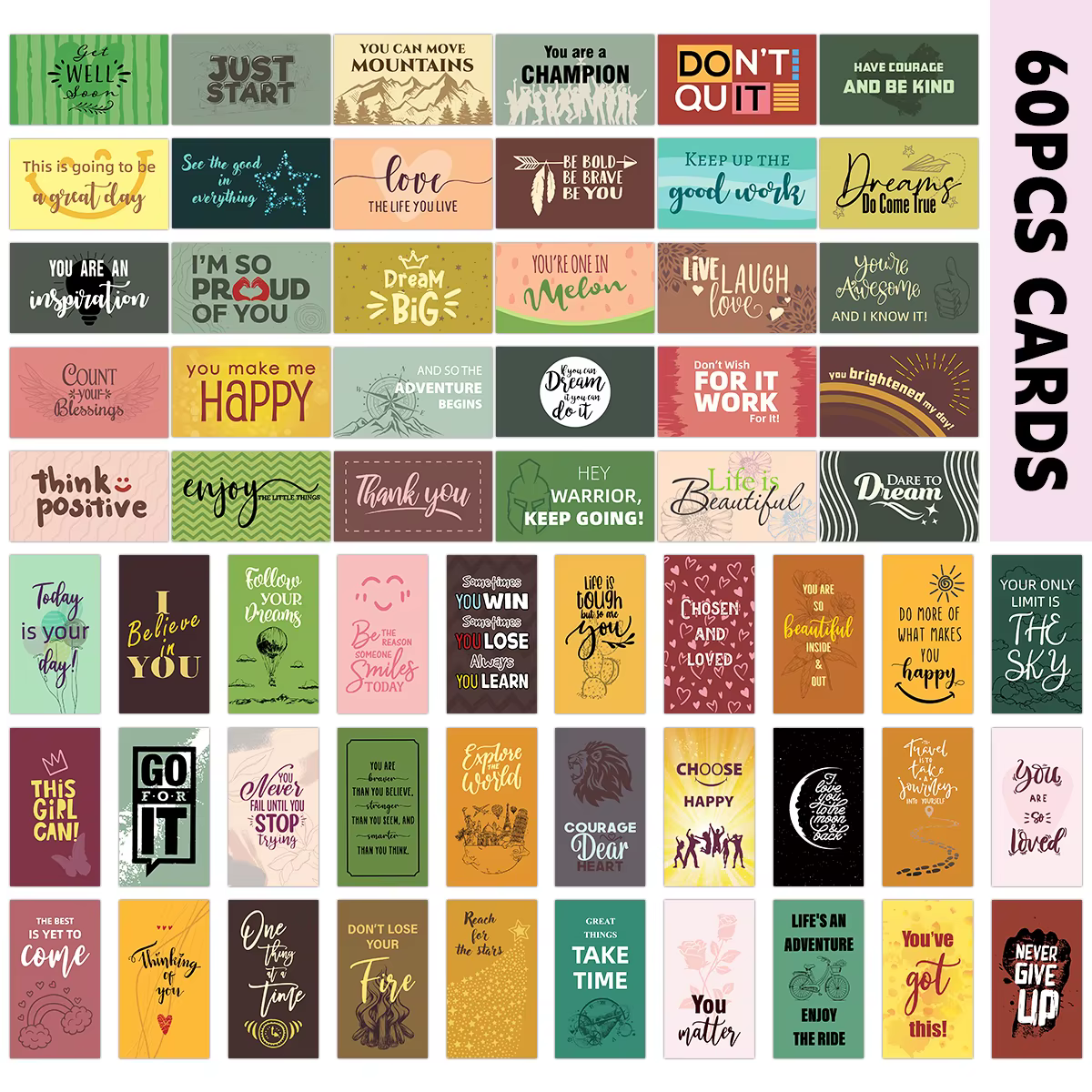 Cartes de remerciement inspirantes en anglais, 60 pièces, cartes de remerciement pour lui, Mini carte cadeau d'affermations positives