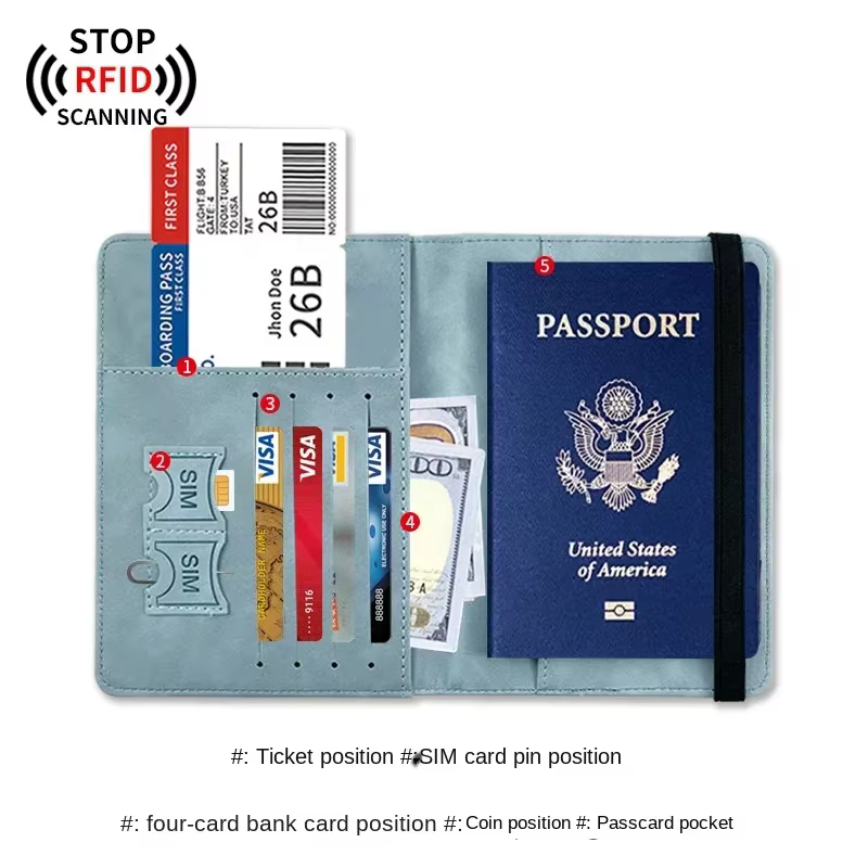 Couverture de passeport RFID en PU, portefeuille de carte d'identité de crédit, étanche, pour documents d'affaires, porte-passeport, protection multifonction de voyage