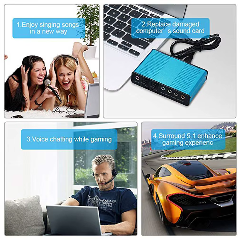 Carte son USB externe 5.1 à 6 canaux pour PC portable adaptateur Surround de bureau