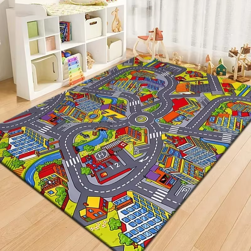 Tapis de jeu pour enfants, carte de ville vibrante, avec routes, bâtiments, tapis d'activité éducatif pour tout-petits, tapis de sol de circulation coloré pour salle de jeux