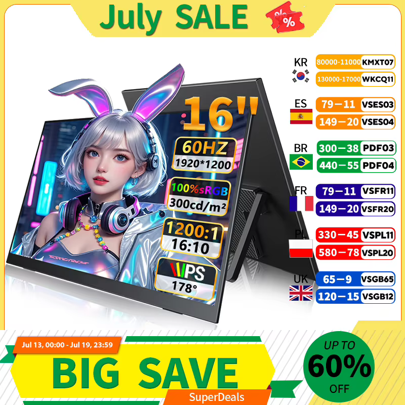 Moniteur portable 16 pouces 1200P IPS 100% sRGB 300 cd/m² avec double haut-parleur