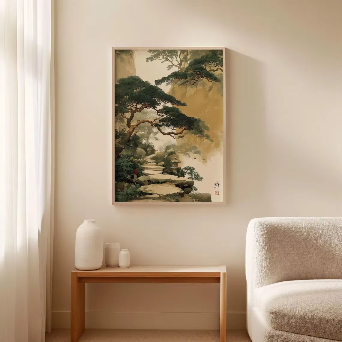 Affiche de chemin de jardin japonais, art mural vert beige, illustration de paysage forestier, impression de paysage naturel asiatique serein, décoration intérieure, style japonais