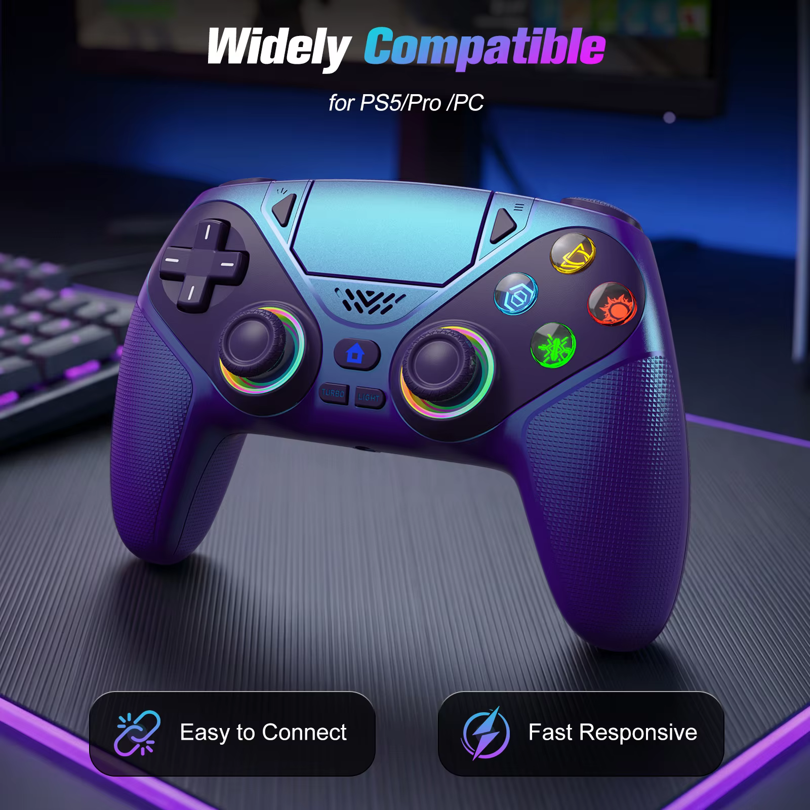 Manette de jeu RGB pour Playstation 5/PS5 Pro/Slim/PC, contrôleur sans fil PS5, double vibration, fonction Macro/Turbo, Joystick de jeu 3D
