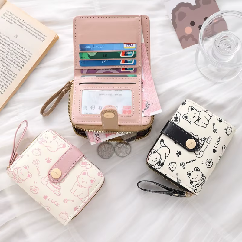 Porte-monnaie en cuir PU pour filles, 1 pièce, chat mignon, dessin animé, court, grande capacité, léger, porte-carte d'identité, Mini portefeuille à la mode