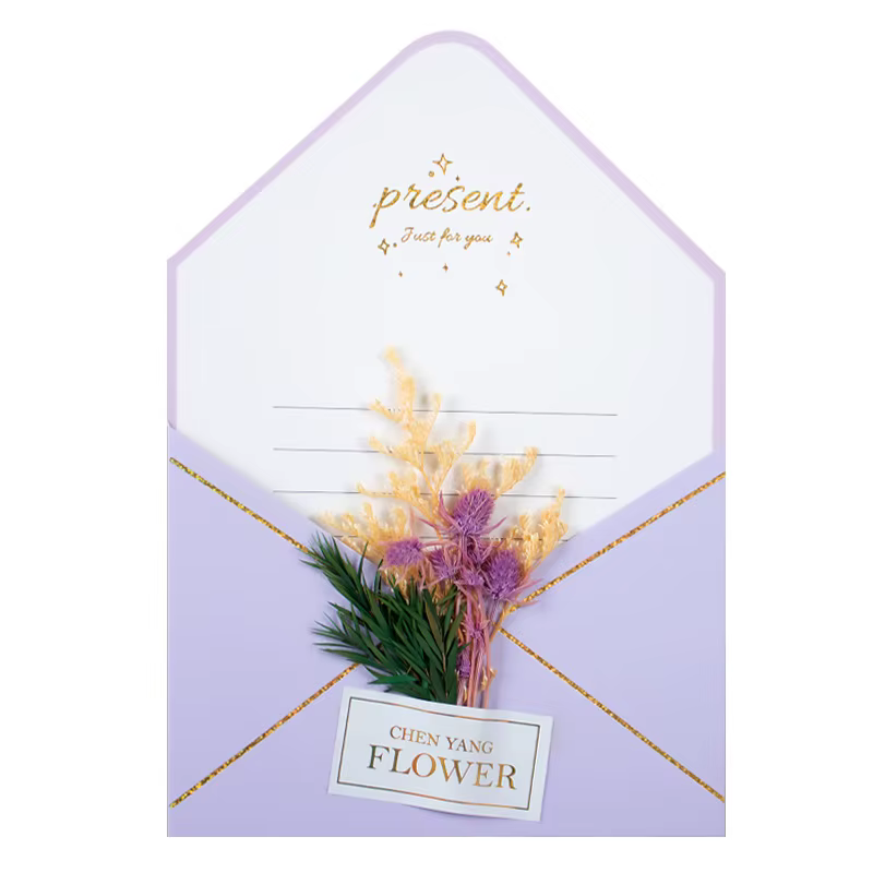 Carte de vœux avec fleurs séchées, estampage doré élégant, enveloppe rose, carte commémorative pour invitation, cadeau de fête