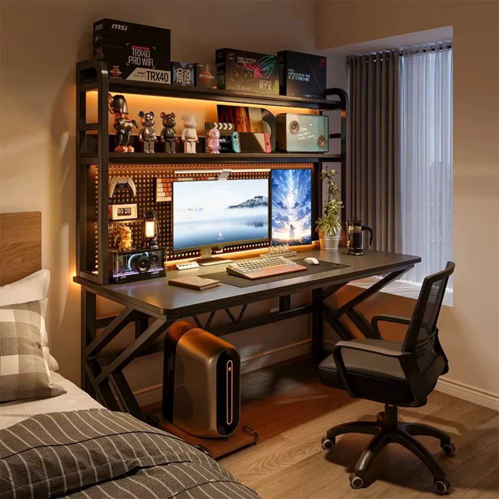 Bureau de jeu avec étagère et panneau perforé, bureau d'ordinateur avec rangement, bureau d'étude pour la maison, bureau pour chambre à coucher, petit espace