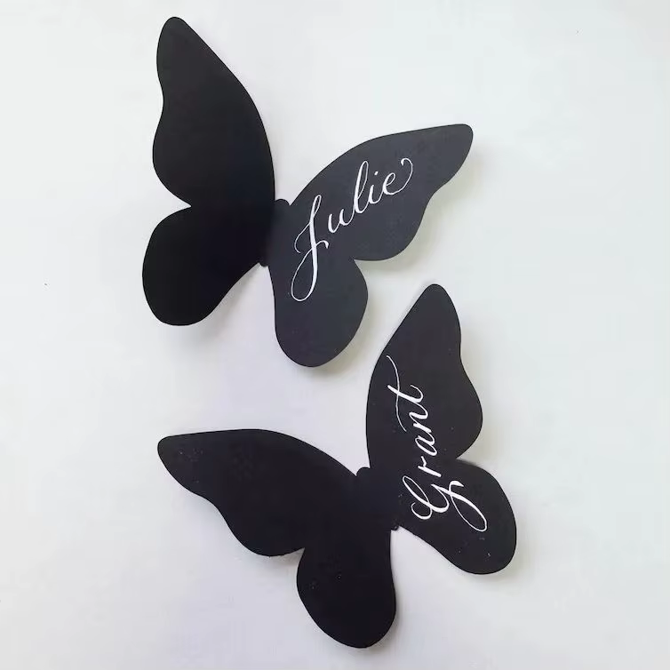 Carte d'écriture personnalisée avec nom d'invité, décoration de cadeau papillon élégant, texte de Logo personnalisé, faveurs de mariage, bricolage, détail RSVP