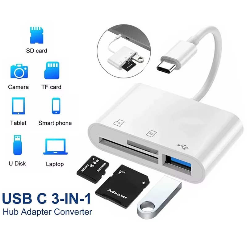 Adaptateur de carte mémoire 3 en 1 type-c vers SD/TF/USB, lecteur de carte SD, lecteur de carte USB pour Macbook, iPhone, ordinateur portable, clé USB
