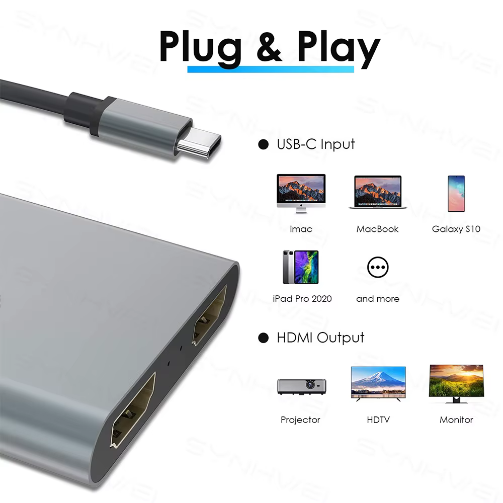 Hub USB C à 2 ports vers double répartiteur HDMI