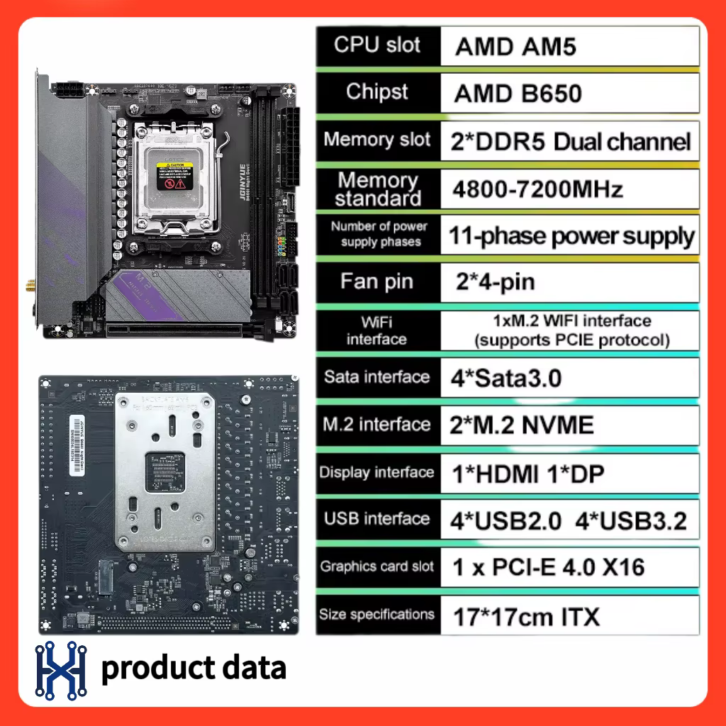 100% nouvelle carte mère JGINYUE B650i AM5 mini ITX prend en charge les processeurs Ryzen série 7000 DDR5 mémoire RAM