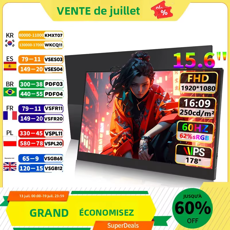 Moniteur portable 15, 6'' FHD 1080P ultra-fin pour jeux