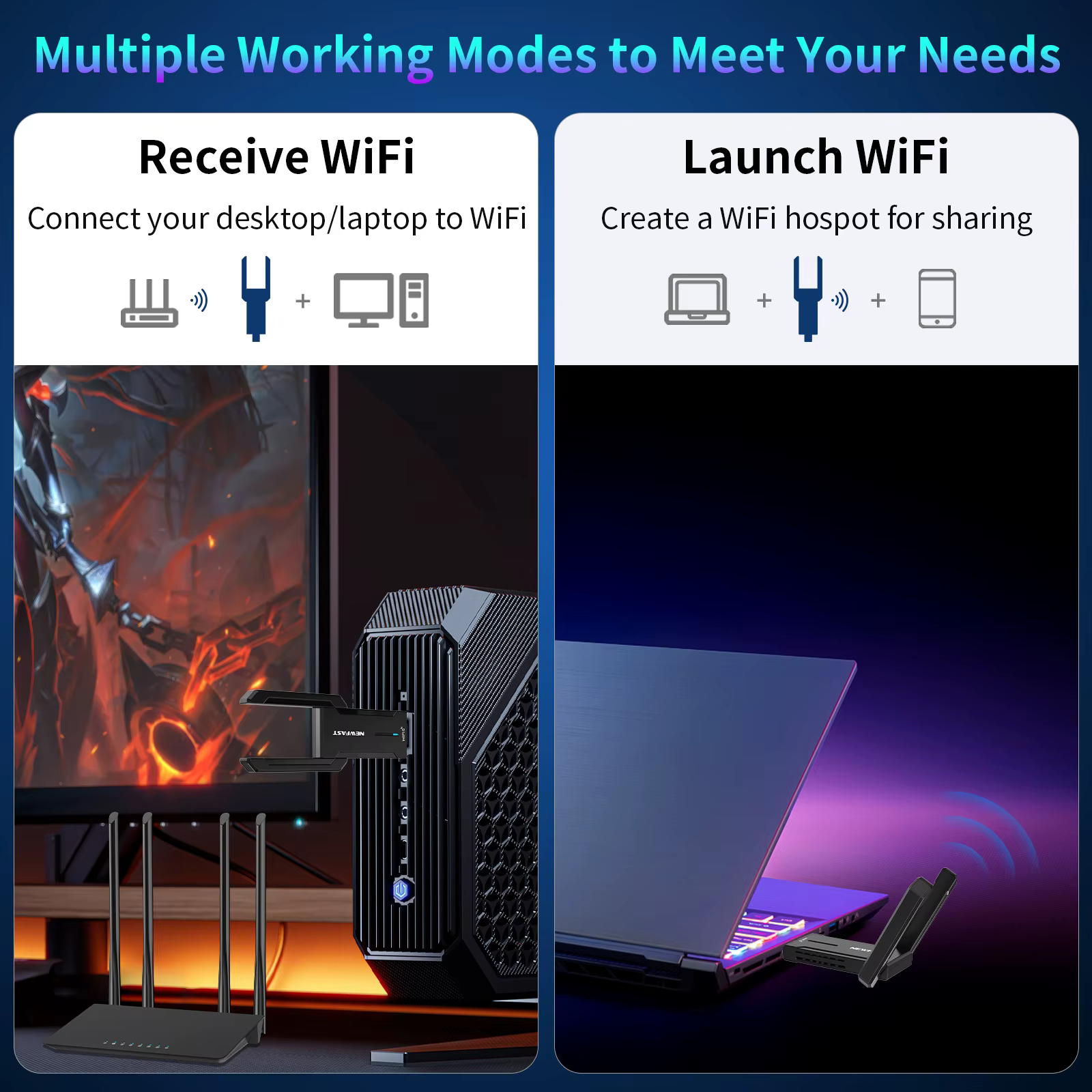 NEWFAST 5400Mbps WiFi6 Wifi adaptateur 2.4/5.8/6Ghz Gigabit 2 2*2dBi antennes USB3.0 carte réseau sans fil de jeu pour PC Win10/11