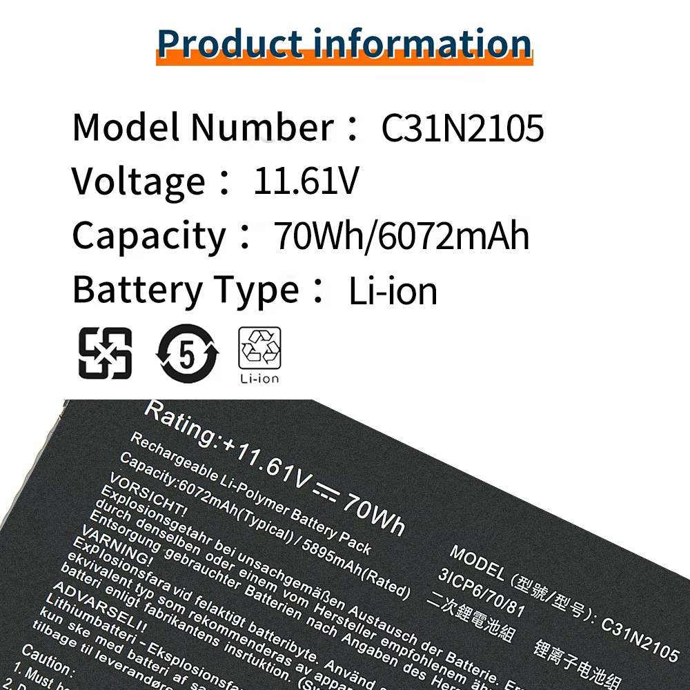 BVBH C31N2105 70Wh 6072 mah/5895 mah batterie pour ASUS Vivobook 14X/15X/16X ZenBook 14X