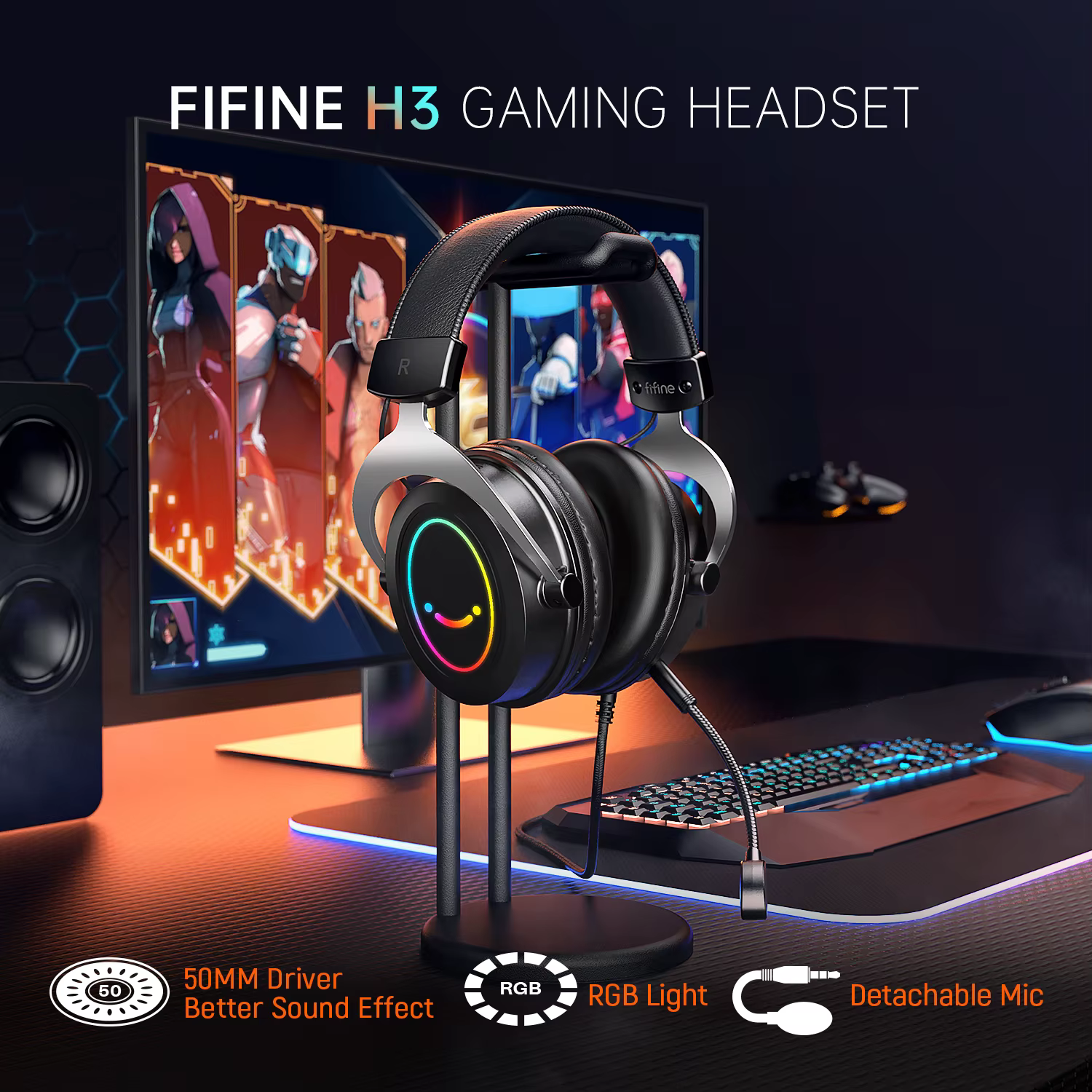 Casque de jeu RVB avec contrôle de ligne et poignées