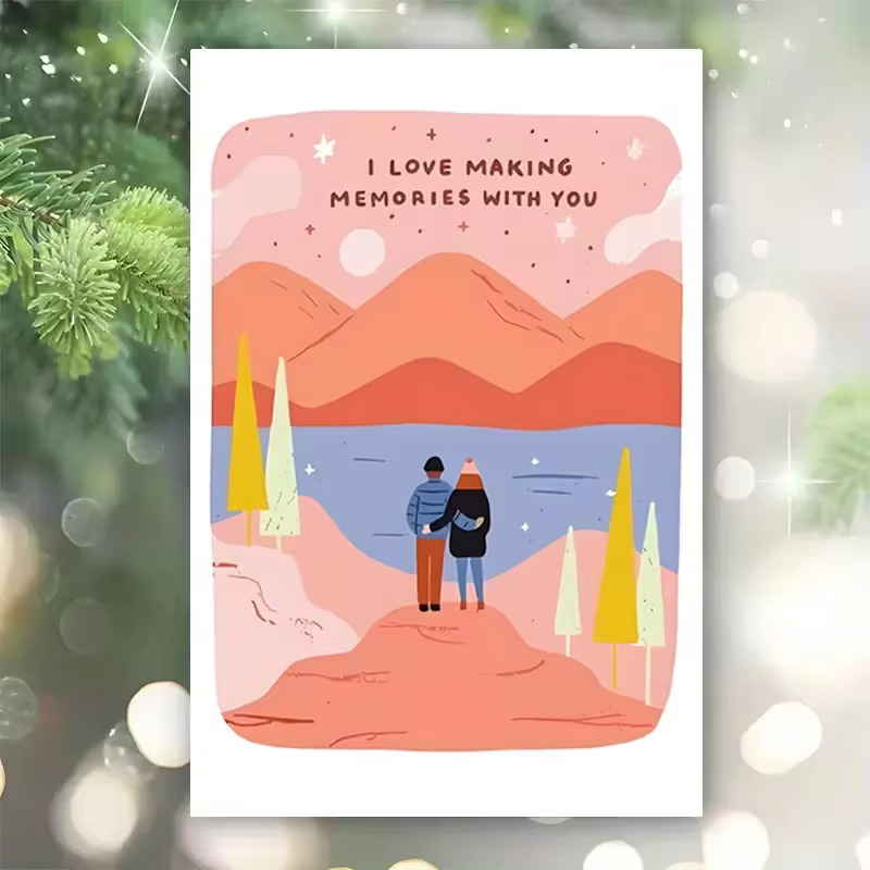 Carte romantique pour couple, citation « J'aime créer des souvenirs avec toi », art de paysage montagneux et lacustre, enveloppe rouge incluse