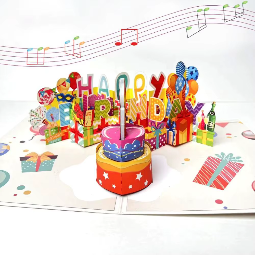 Carte de vœux musicale et lumineuse Joyeux Anniversaire avec effet bougie LED gonflable, carte 3D pop-up, motif dessin animé, découpe de papier ajourée
