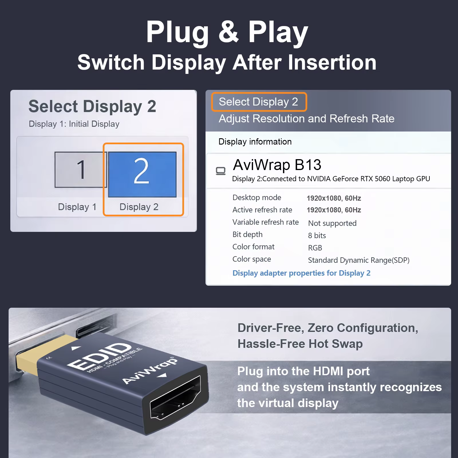 Émulateur HDMI EDID avec fonction de passage de signal, Affichage virtuel 1080p@60Hz, Gestionnaire EDID fiable pour prolongateur HDMI, KVM, récepteur et répartiteur AV