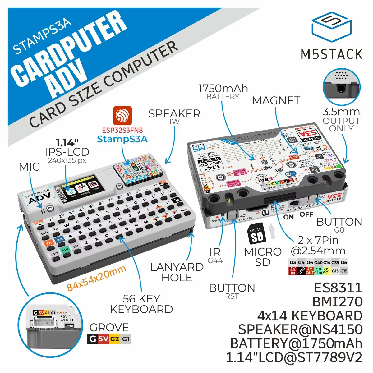 M5Stack Cardputer Adv Programmable ordinateur StampS3A IoT contrôleur 56 touches clavier carte microcontrôleur Kit de développement