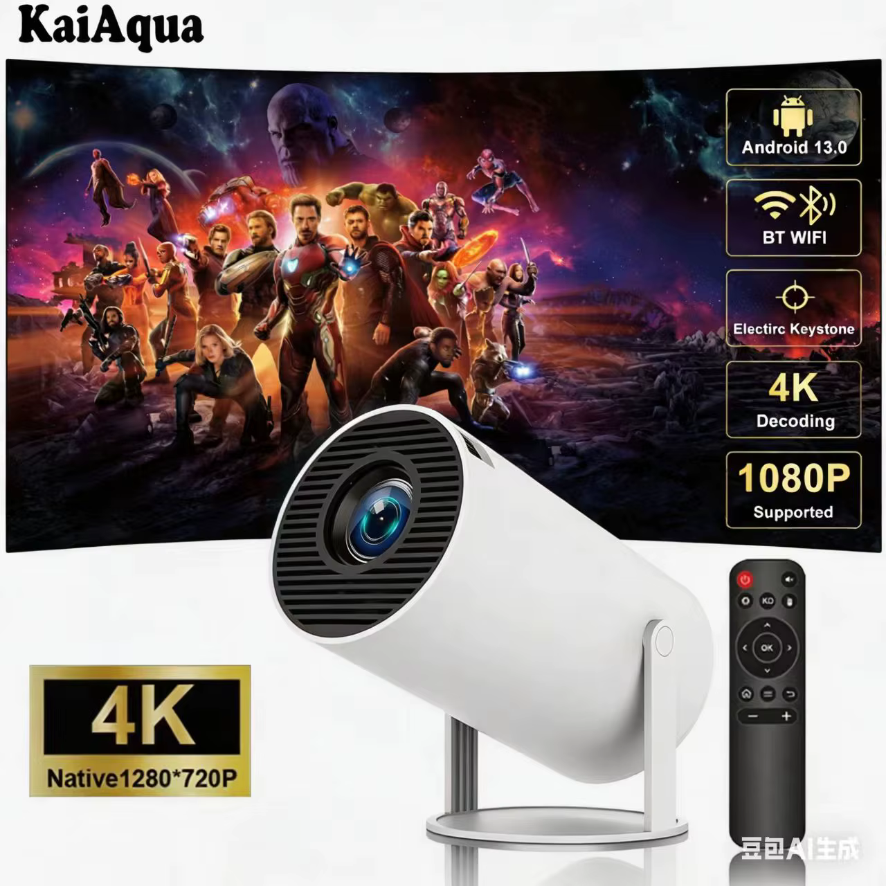 Projecteur Cylindrique Portable 1080P HD Compatible WiFi & Bluetooth 5
