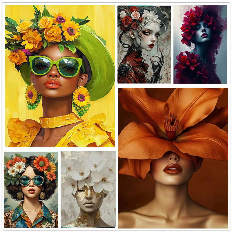 Portrait de fille à la mode, femme avec fleurs colorées, art mural minimaliste, impression sur toile, affiches pour décoration de salon et de maison