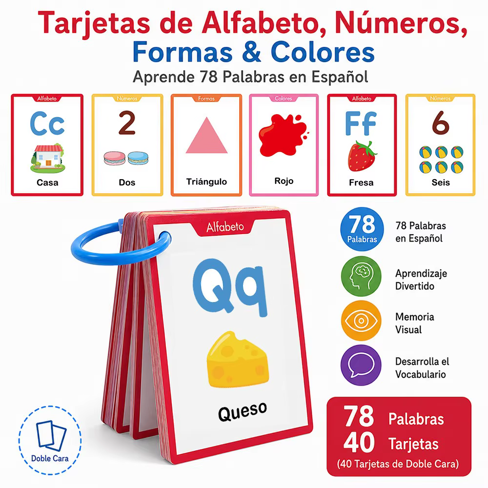 Cartes flash éducatives pour enfants sur l'alphabet, les nombres, les couleurs et les formes en espagnol pour l'apprentissage à domicile et la formation cognitive en espagnol