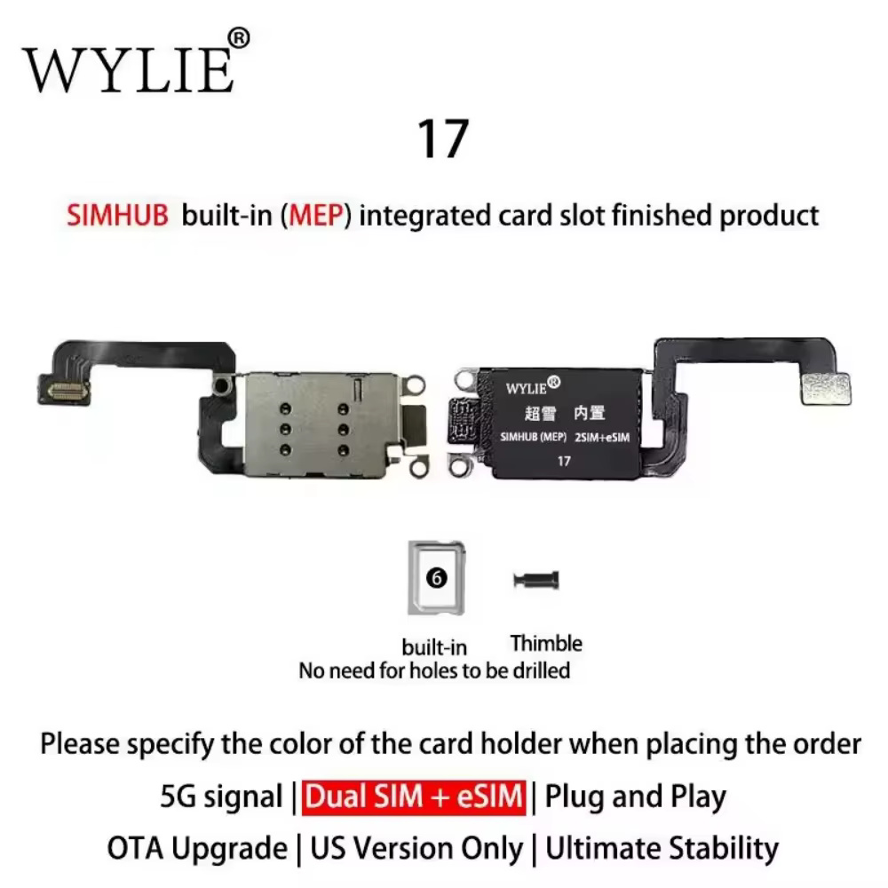 Câble flexible intégré Wylie avec emplacement pour carte SIM physique et eSIM pour iPhone 14 15 16 17 Pro MAX version US