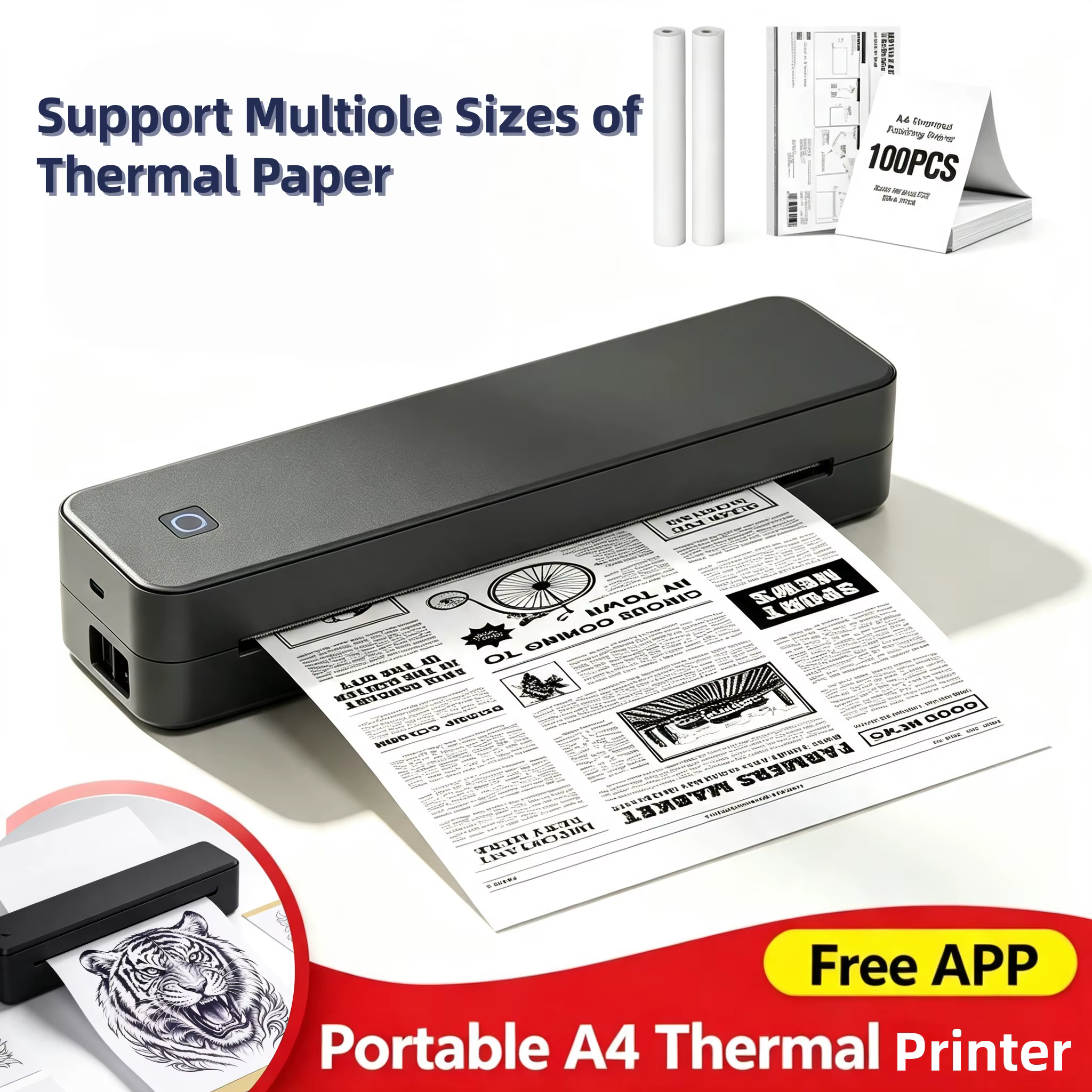 Imprimante thermique portable A4, Bluetooth, pour photos, documents PDF, rouleaux de papier pliés, pour le travail de bureau, la maison, l'école, les voyages