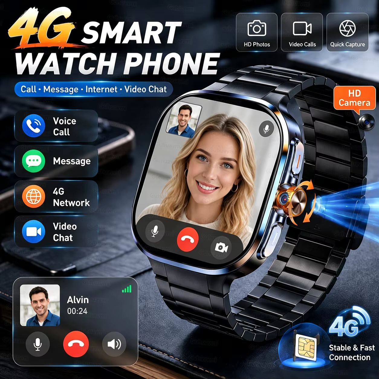Montre connectée 4G 5G Full Netcom avec écran AMOLED 2,4 pouces, GPS, WIFI, caméra rotative, téléchargement d'applications de jeux, Android.