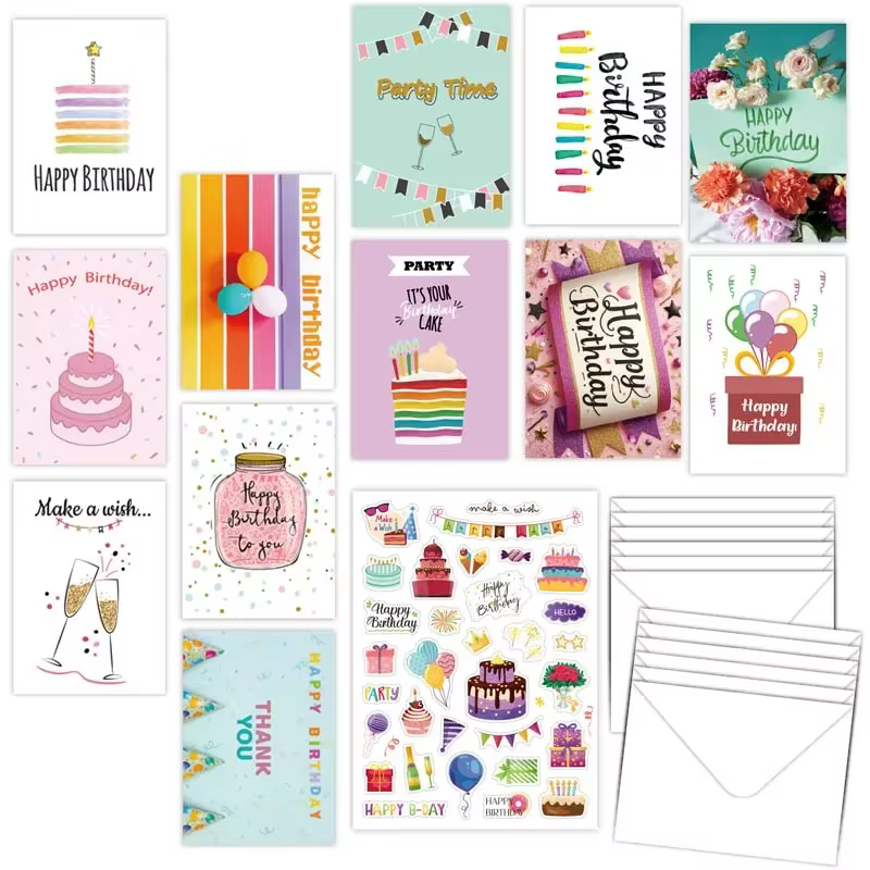 Ensemble de cartes de vministériels x d'anniversaire avec enveloppe et autocollant, carte de message pliante, cartes de bénédiction bricolage, cartes d'invitation de fête, 12 pièces