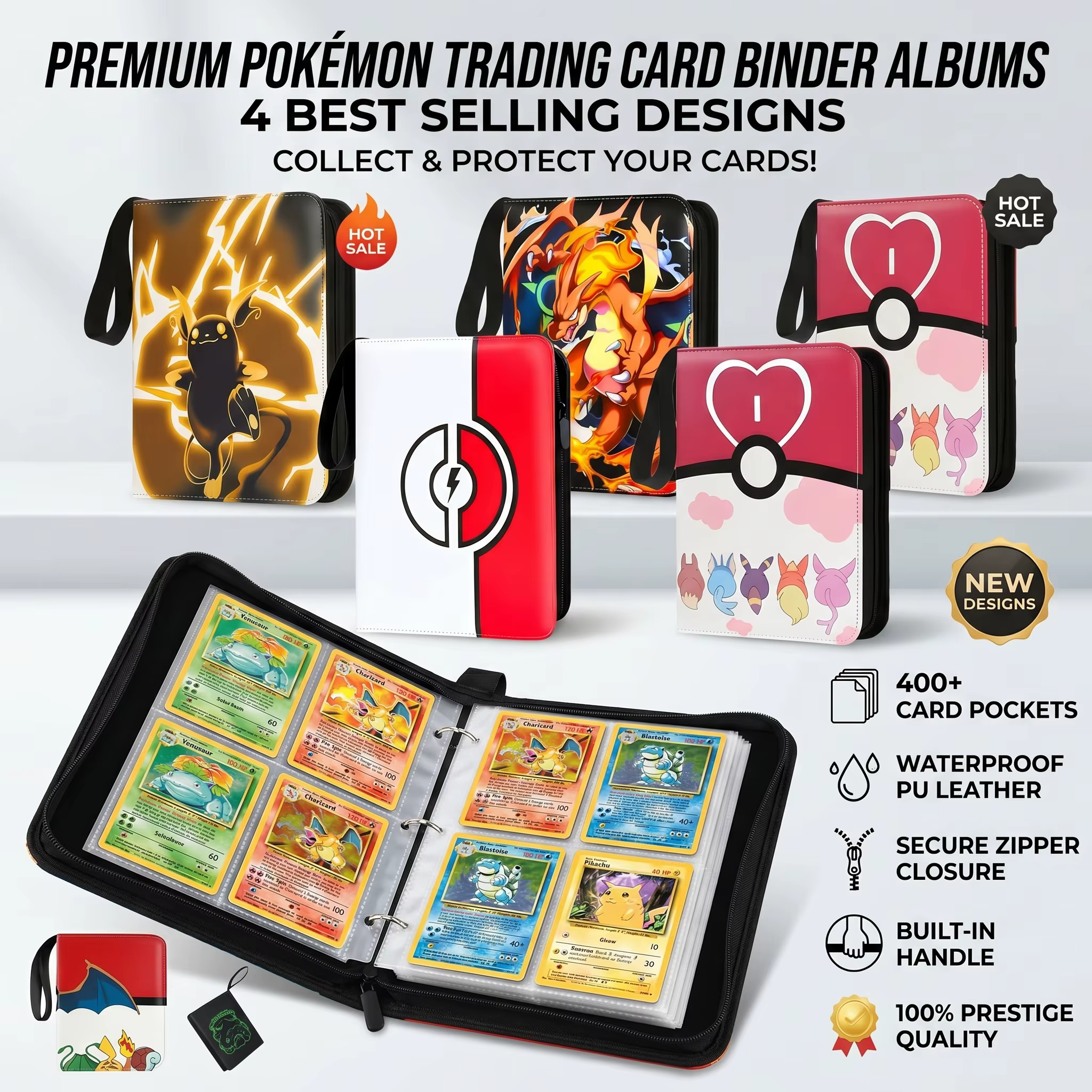 Classeur de cartes Pokémon avec fermeture éclair, album de grande capacité, livre de rangement PTCG, organisateur de cartes à collectionner à feuilles mobiles, cadeau pour les fans de Pikachu