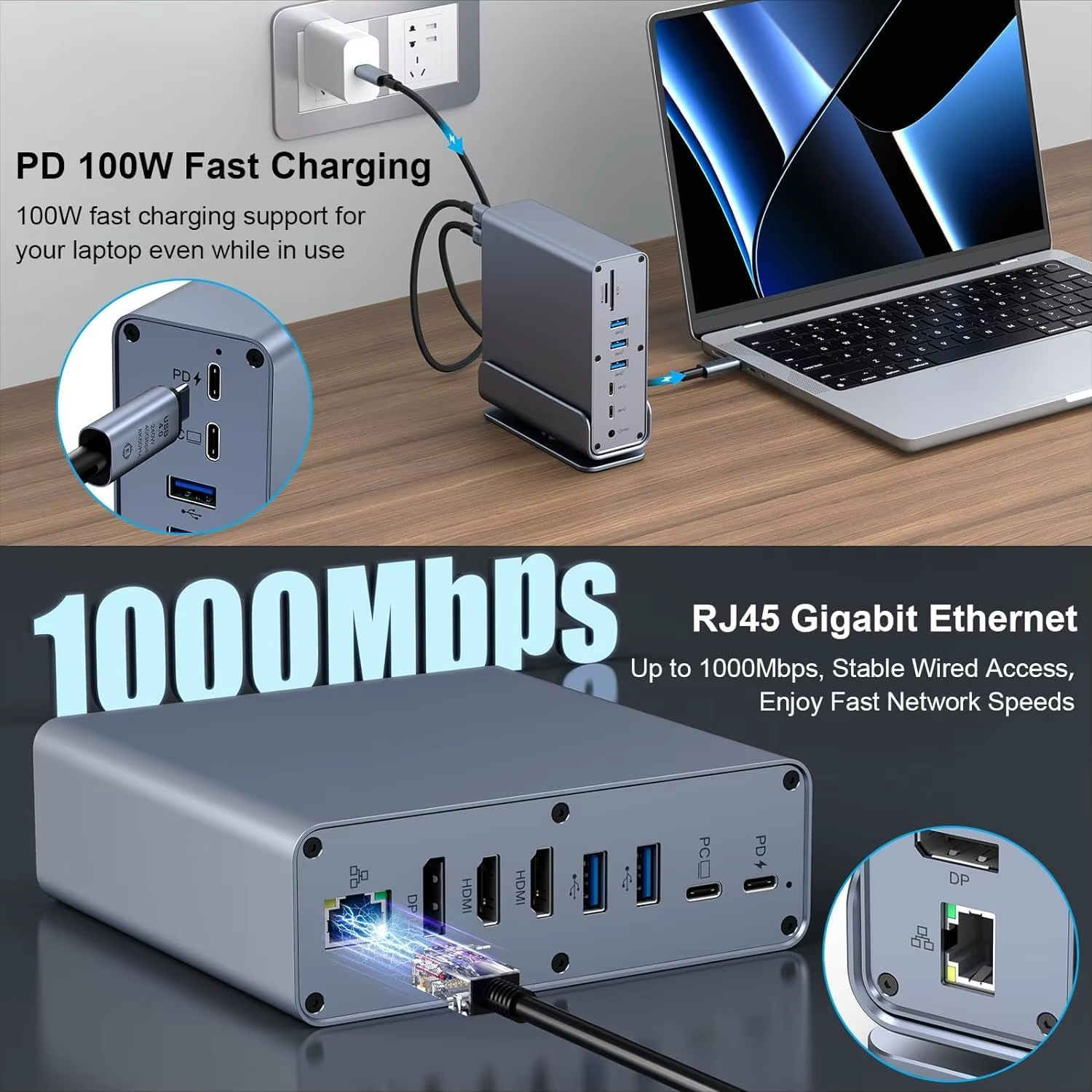 Station d'accueil pour ordinateur portable Thunderbolt4 USB C avec 2 ports USB compatibles HDMI