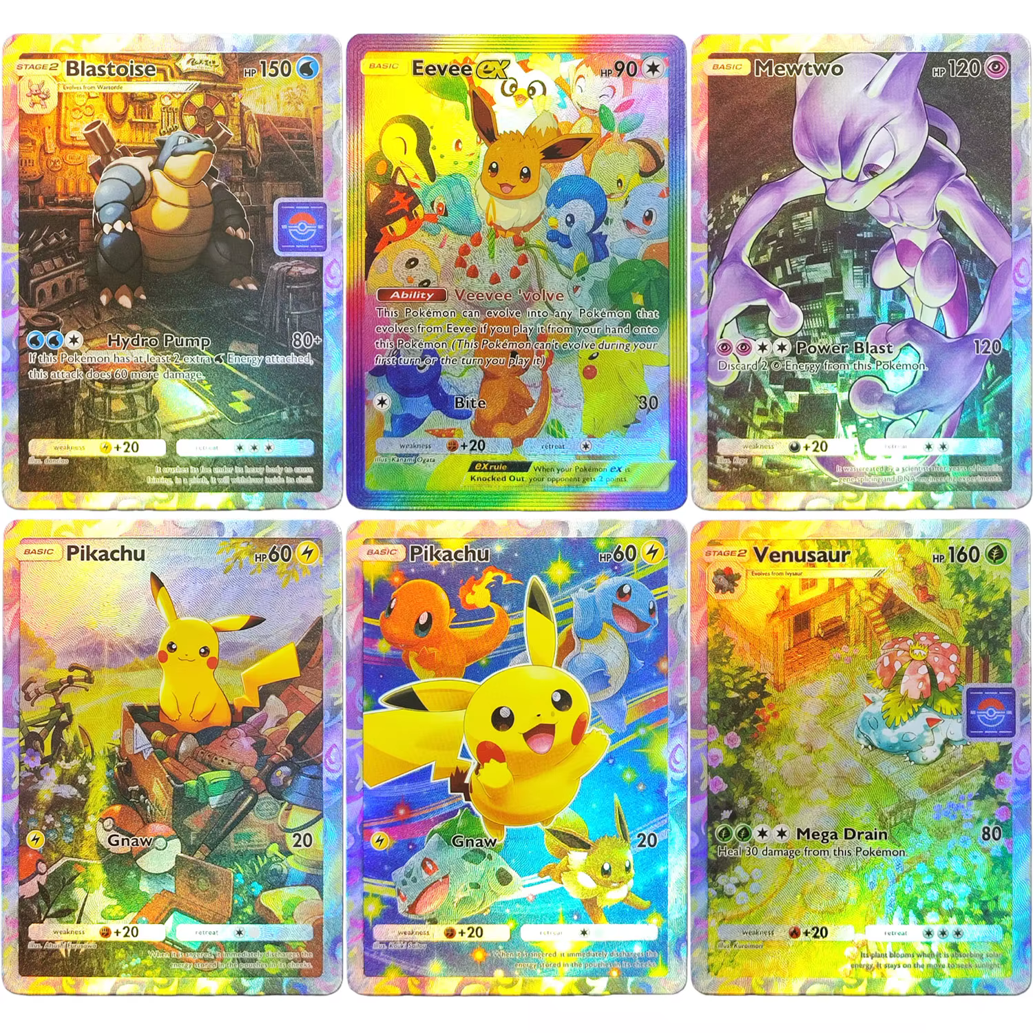 Carte de collection Pokémon TCG anglaise promotionnelle faite maison : Eevee, Mewtwo, Venusaur, Blastoise – Jouet texturé