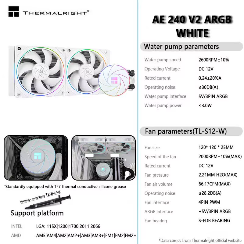 Thermalright AQUA ELITE 240 V2 noir/blanc CPU liquide refroidisseur 5V 3PIN ARGB Halo ventilateur radiateur de refroidissement par eau LGA1700 2011 115x AM5