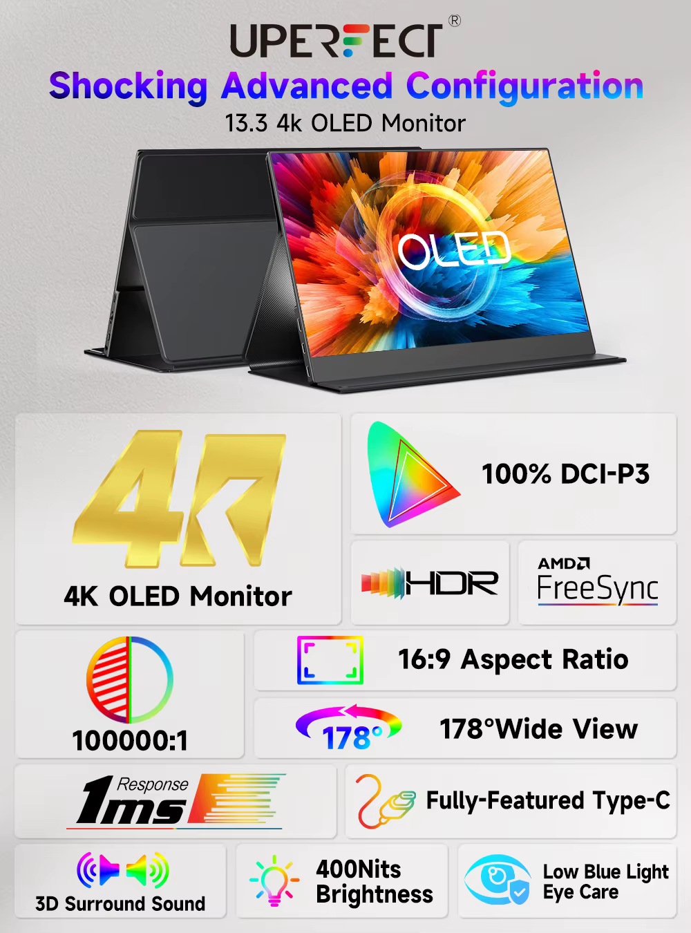UPERFECT 13.3 pouces OLED 4K moniteur de jeu portable 1MS écran d'ordinateur