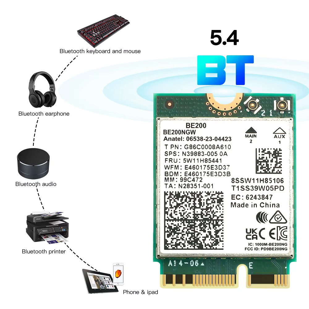 7 BE200 M.2 clé E carte WiFi BT5.4 BE200NGW 2.4/ 5/ 6 GHz 8774 Mbps adaptateur réseau sans fil pour Win 10/11 PC