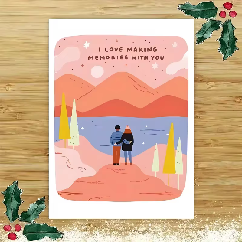 Carte romantique pour couple, citation « J'aime créer des souvenirs avec toi », art de paysage montagneux et lacustre, enveloppe rouge incluse