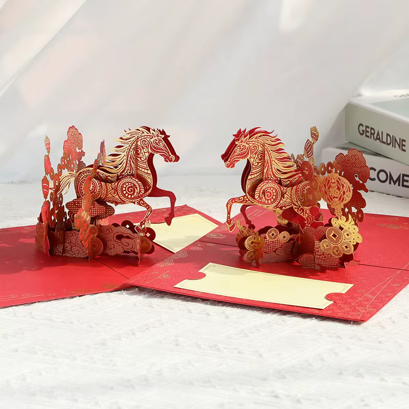 Carte de vœux Pop-Up 3D année du cheval 2026, feuille d'or, Design cheval, carte du nouvel an, bénédiction créative et souvenir, carte pliable