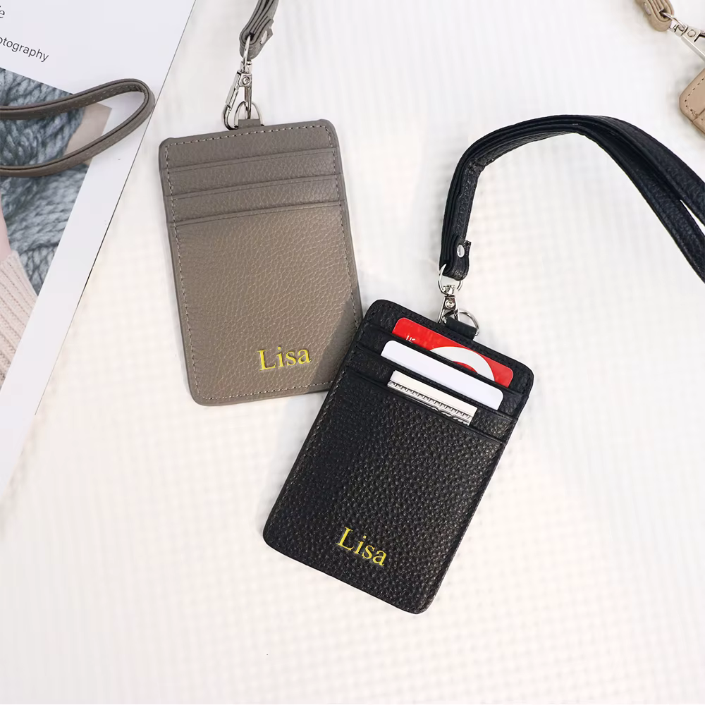 Porte-cartes de travail multifonctionnel en cuir personnalisé avec cordon, pour hommes et femmes, pour cartes de crédit, cartes d'identité, porte-monnaie