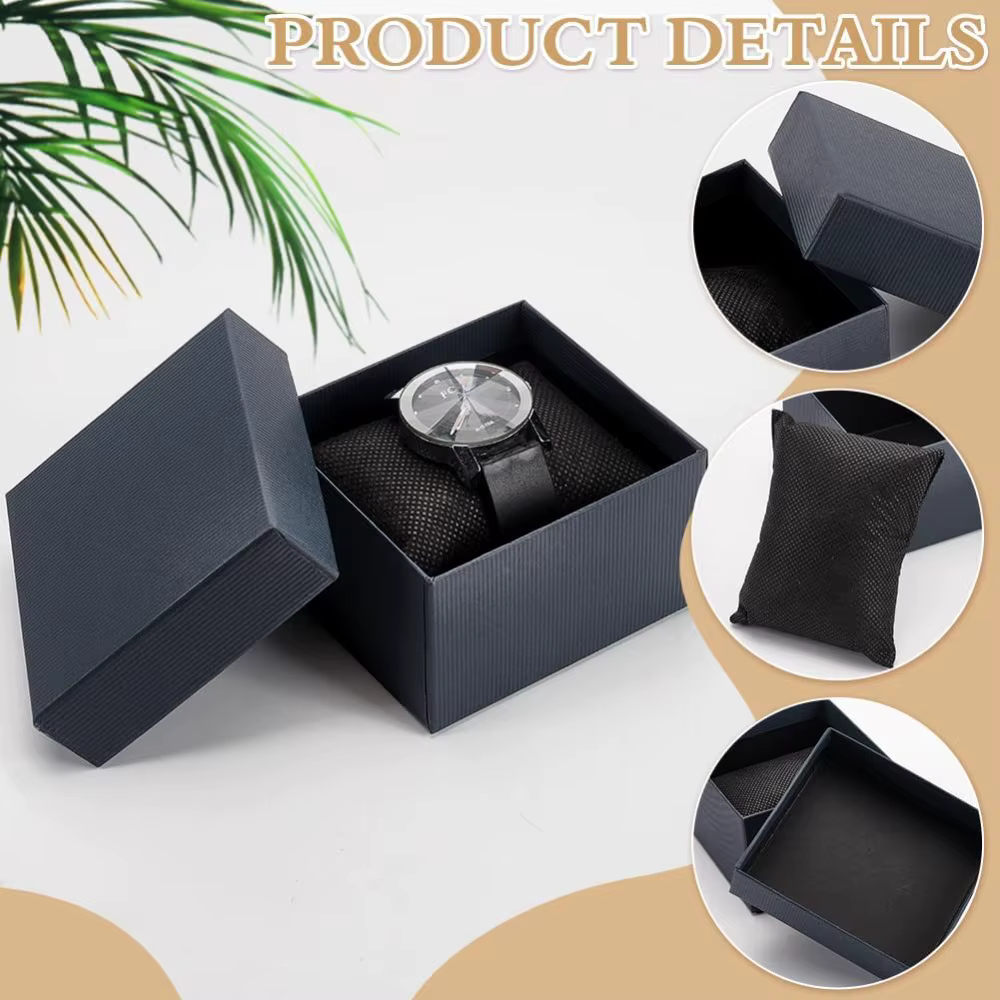 Boîte-cadeau de rangement de montre en carton Kraft, boîte à bijoux rectangulaire 3.2x3x2 pouces avec coussin en tissu non tissé pour bracelet, 6 paquets