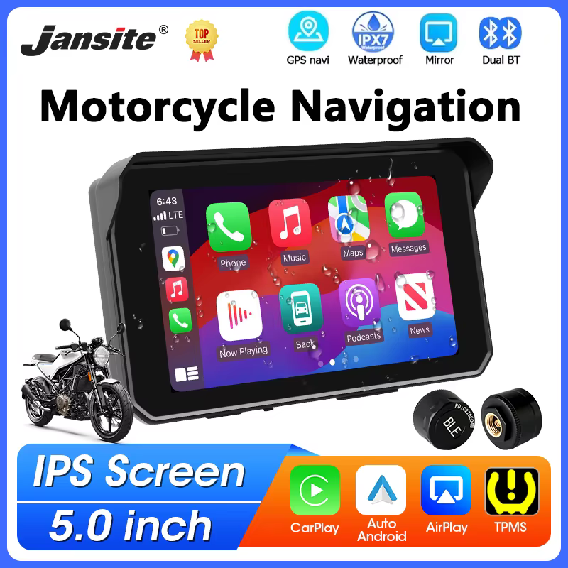 GPS de navigation portable pour moto 5 pouces, sans fil, CarPlay, Android Auto, Bluetooth, étanche IPX7, écran de surveillance moto, compatible TPMS