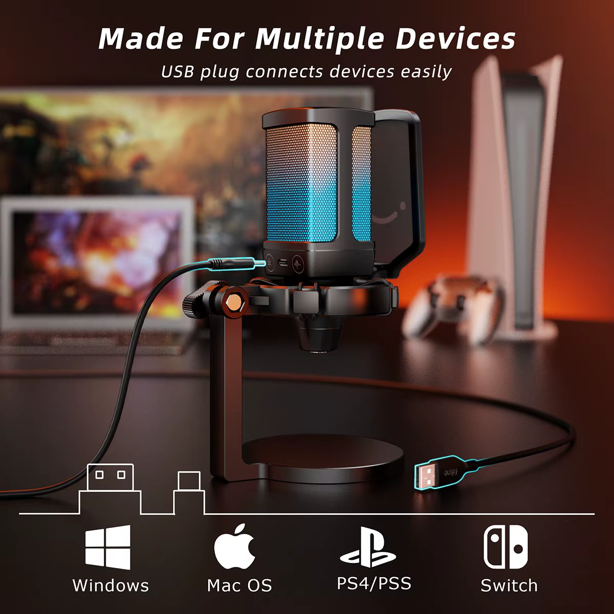Microphone USB de jeu AmpliGame avec suppression du bruit