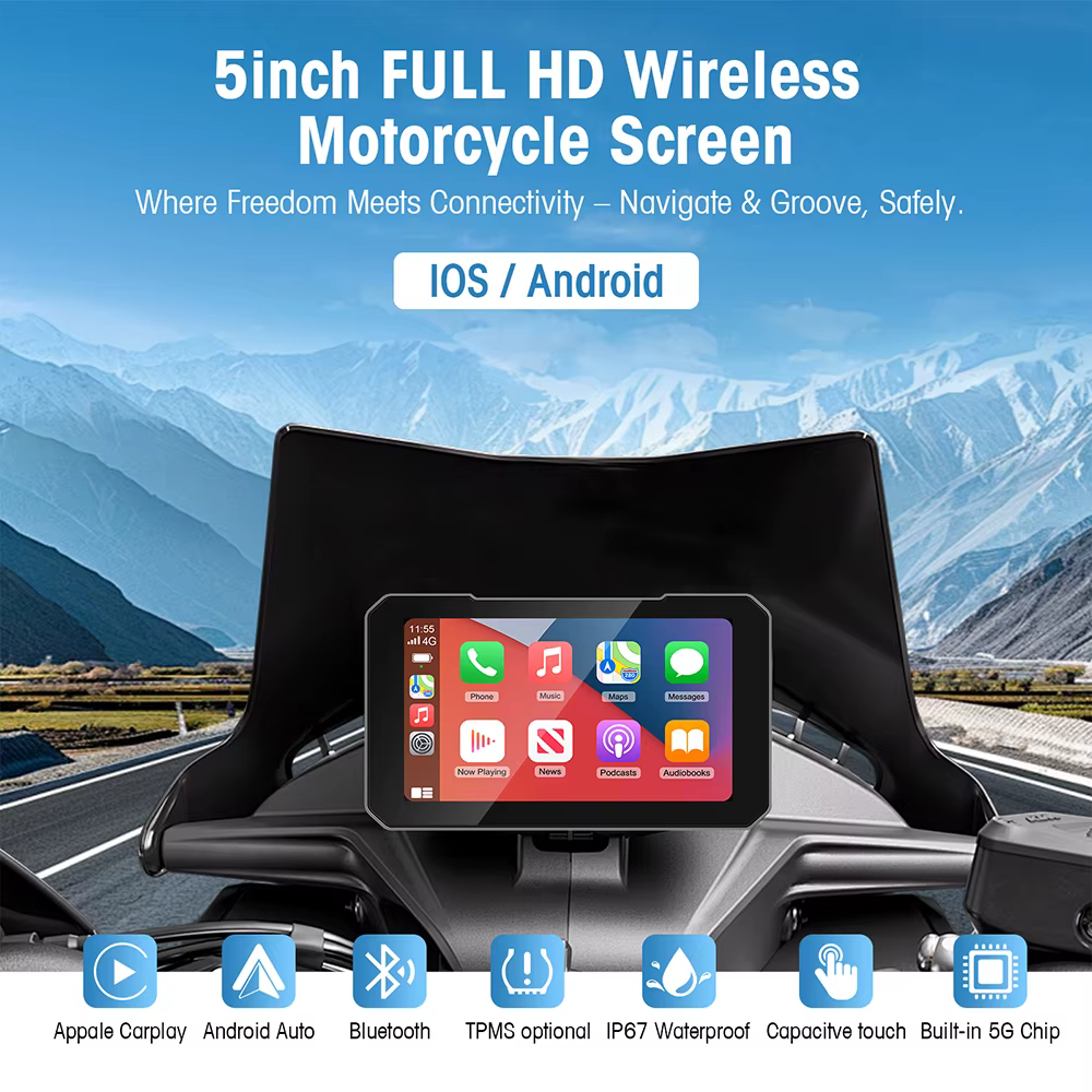GPS portable pour moto, 5 pouces, étanche IP67, navigation sans fil, Carplay, Android Auto, enregistreur de conduite DVR, moniteur moto, WIFI