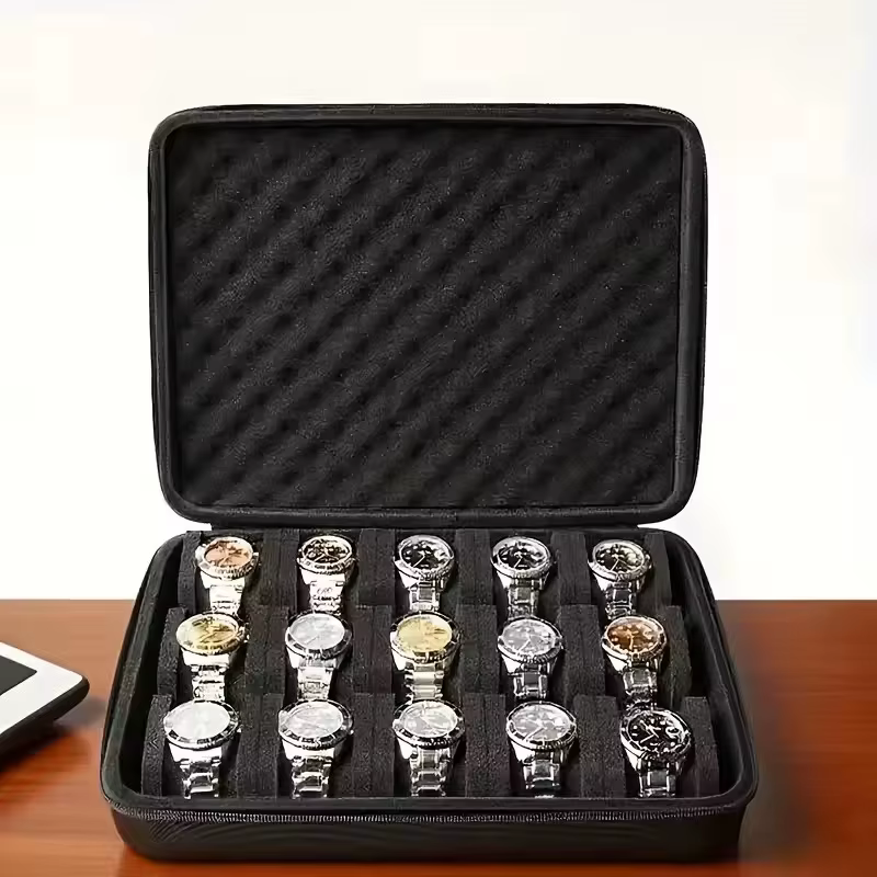 Boîte de rangement de montres de qualité supérieure, boîte de rangement de montres à 15 emplacements pour cartes, boîte de rangement de bijoux portable, vitrine, adaptée à la maison