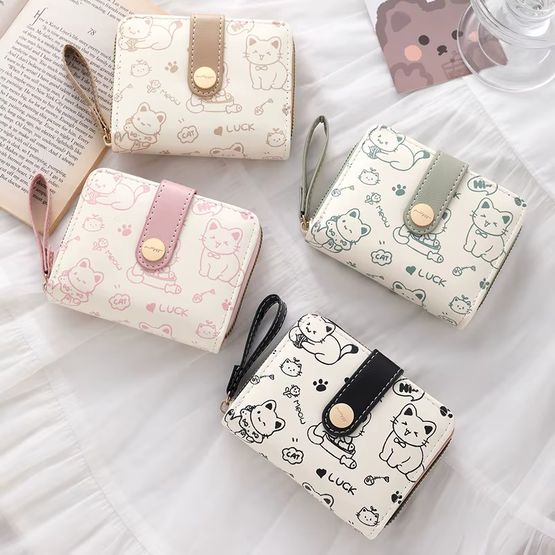 Porte-monnaie en cuir PU pour filles, 1 pièce, chat mignon, dessin animé, court, grande capacité, léger, porte-carte d'identité, Mini portefeuille à la mode