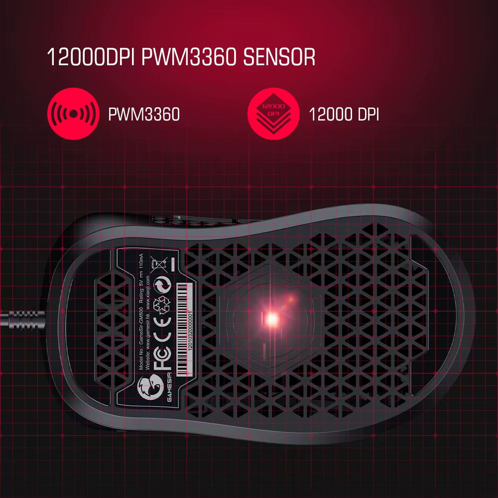 Souris de jeu filaire GameSir GM500 ultra-légère pour PC avec capteur optique PMW33600 12000 DPI