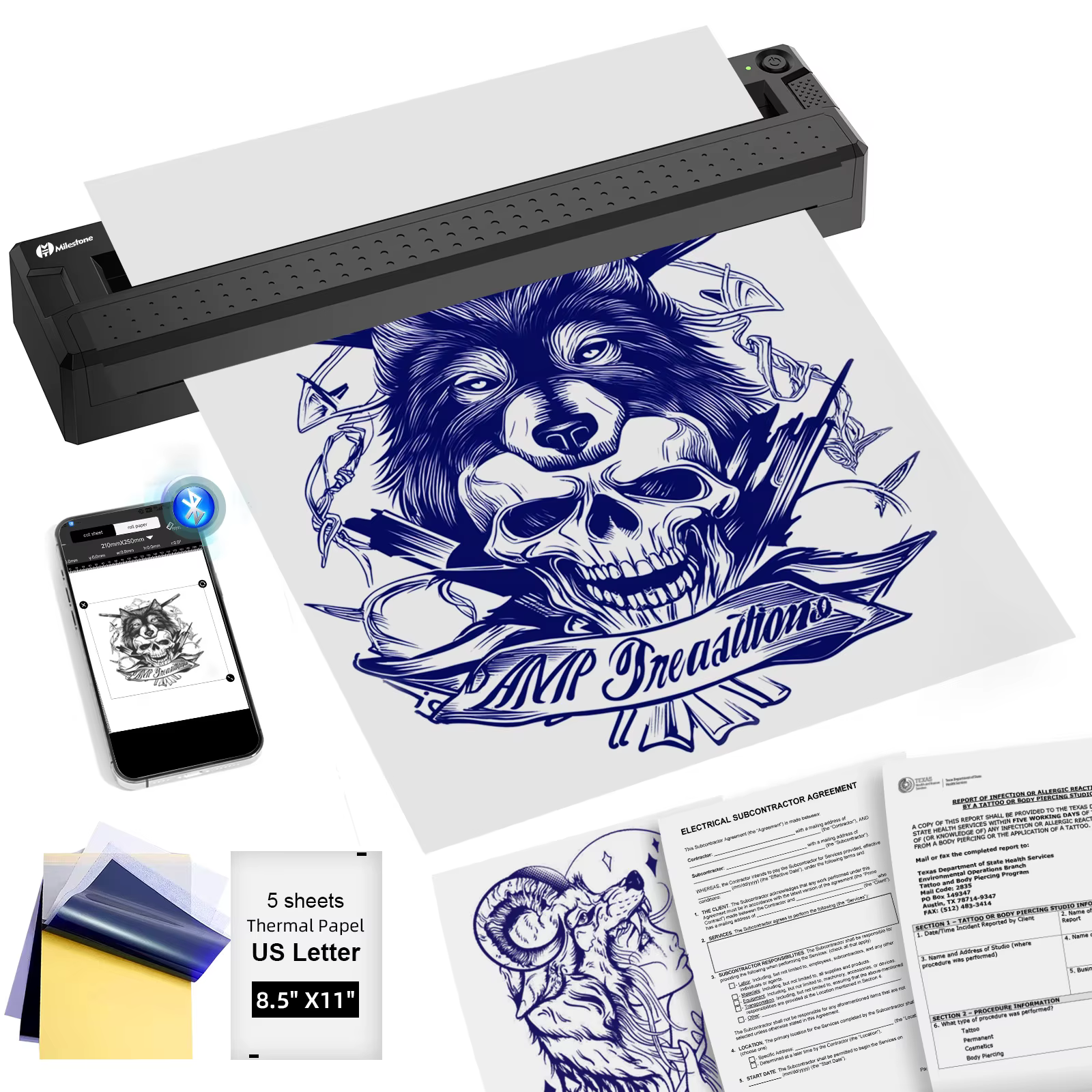 Imprimante thermique Bluetooth portable - Mini imprimante sans fil pour pochoirs de tatouage et impression de documents, équipée de papier pour tatouage +